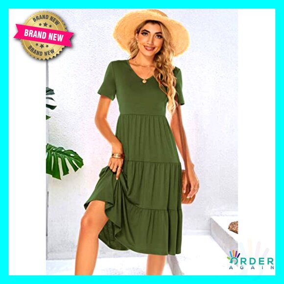 Tiered Midi Dress Loose Fit V-Neck Cotton Boho Summer Casual Sundress - Picture 3 of 7
